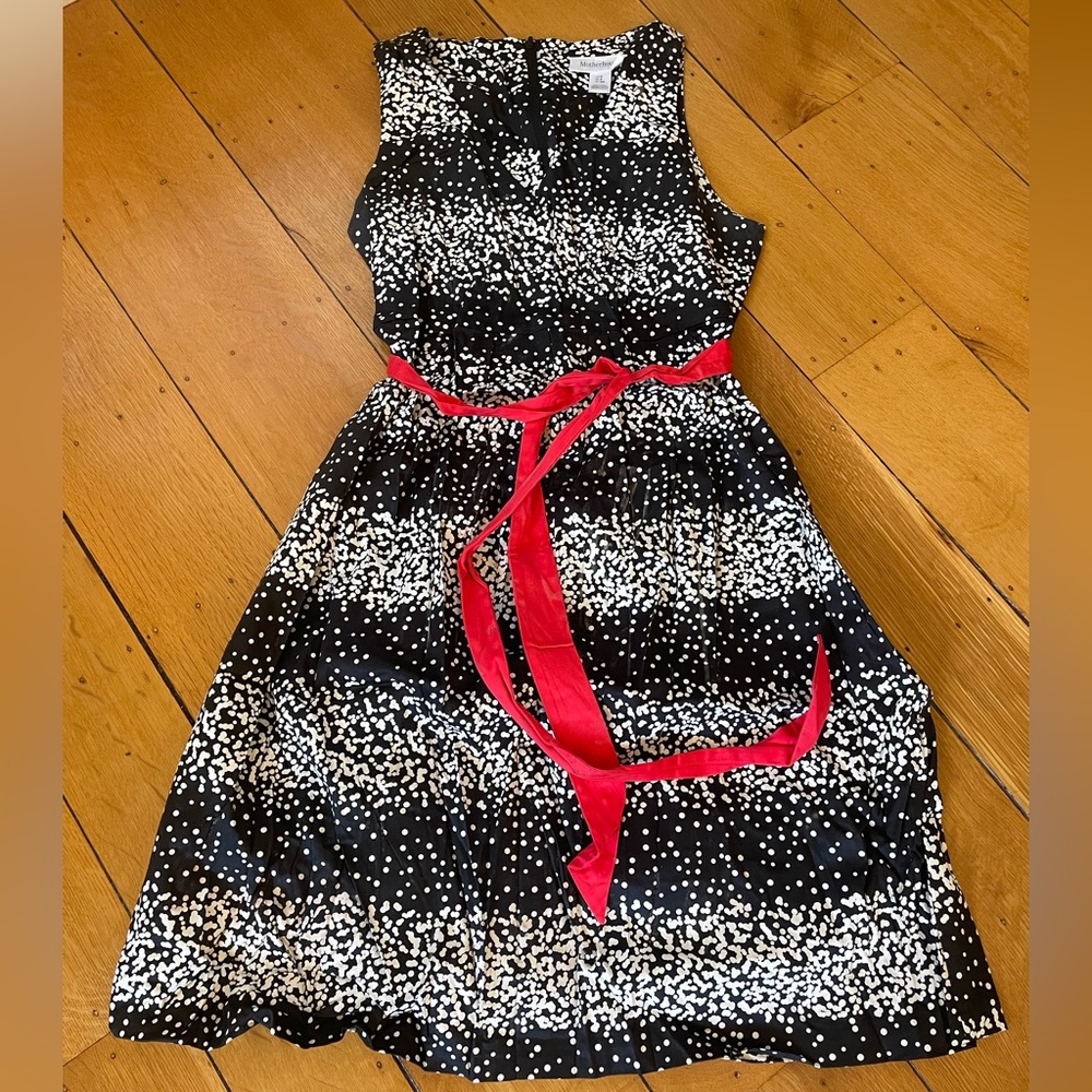 Motherhood maternity Size S black and white polka dot dress with red belt sash